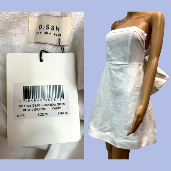 New DISSH Aisle White Linen Back Bow Mini Dress | size 4 - Picture 2 of 10